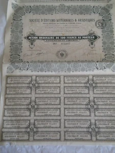 Vintage share certificate Stocks Bonds Societe editions Litteraires Artistique - Picture 1 of 2