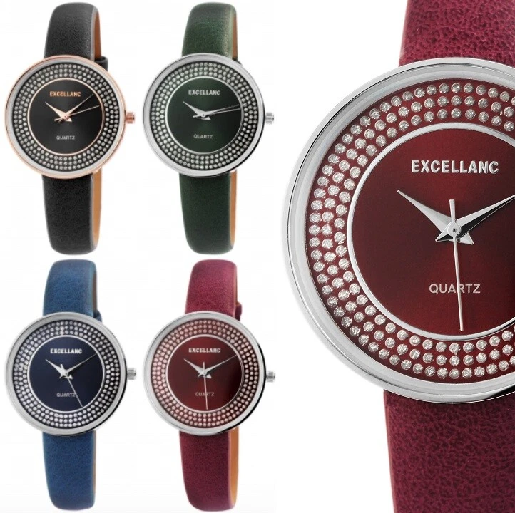 Damenuhr Armbanduhr Rot Blau Grün Silber Kristall Kunstleder 1900163 Excellanc - Bild 1 von 1