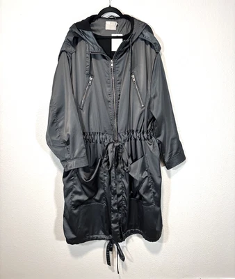 ASOS изгибы плюс с капюшоном Тренч атласный серый молнии длинная куртка женщин Sz 24 новый с Ярлыками - Изображение 1 из 4