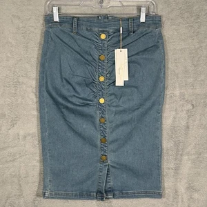 Belle Poque Denim Bleistiftrock S blau Retro Stretch hohe Taille Knopfleiste neu mit Etikett - Bild 1 von 14