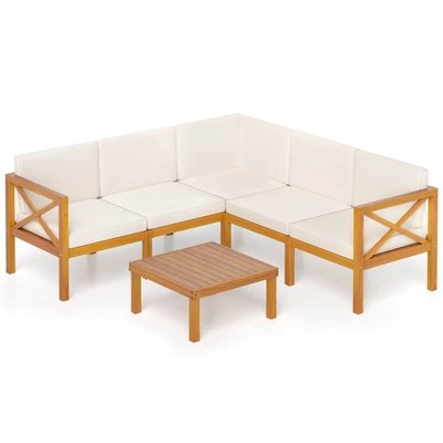 6 PCS Acacia Wood Patio Furniture Set with Cushions and Coffee Table for Garden - Image 1 of 4