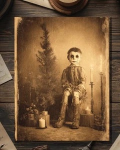 Vintage viktorianische gruselige Marionette Junge Weihnachtskarte Gothic Holiday Art - Bild 1 von 4