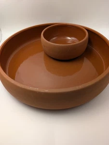Vintage BORTNER & BORTNER TerraCotta Glazed Round Chip & Dip Serving Tray Bowl - Picture 1 of 5
