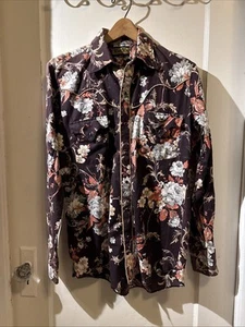 Tem Tex Vintage 1980s Western Pearl Snap Button Up Brown Floral Shirt Size M - Picture 1 of 11