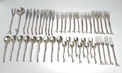 Servizio di posate 47 pezzi Michael Aram Twig ottone fuso placcato argento per 9 - Immagine 1 di 4