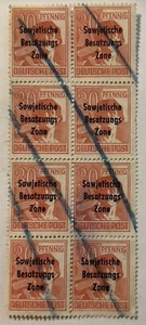 1948 GERMANY SOVIET OCCUPATION BLOCK OF 8 STAMPS #10N11 WITH BLUE MARKER CANCELS - Picture 1 of 2