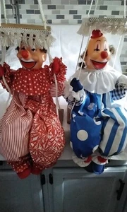 Set of 2 Clown Wooden Swing Marionette Plastic Head - Clown 20" long - Picture 1 of 7