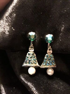 Vintage Blue Aurora Borealis Pearl Christmas Bell Earrings Clip On 50/60’s - Picture 1 of 4