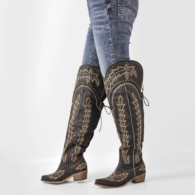 Mujeres Botas Bordadas Sobre la Rodilla Con Cordones Tacón Bajo Muslo Botas de Montar US9.5 Foto 1 de 4