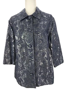 Alfred Dunner Blue Floral Paisley Button Up Blazer Jacket 16 Silver Metallic - Picture 1 of 9