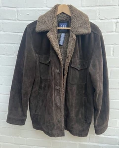 GAP Calf Suede Leather Jacket Mens Medium Brown Vintage 90s Y2K Trucker Pockets - Picture 1 of 17
