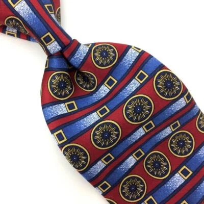 L'Atelier Usa Tie Red Blue Gold Silk Necktie Squares Circles Stripe Flowers #I21 - Image 1 of 4
