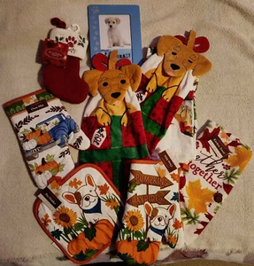 St.Nicholas Square Perfect Harvest Dog Fall Hang loop Towel Frame Mitt Lot NEW! - Picture 1 of 13