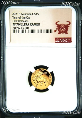 2021 P Australia PROOF GOLD $15 Lunar Year of the Ox NGC PF70 1/10 oz Coin FR - Image 1 of 4
