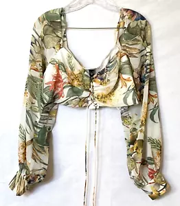Camicetta Windsor donna XL multicolore floreale cropped top pizzo cravatta davanti chiffon nuova con etichetta - Foto 1 di 18