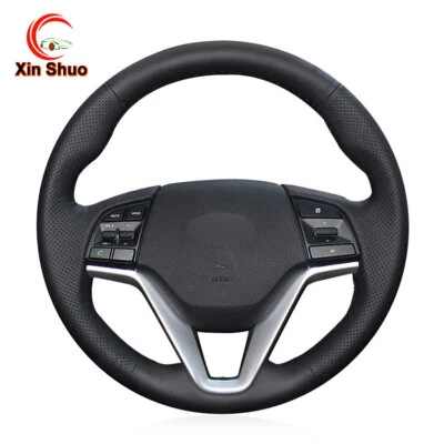 Trenza de cubierta de volante de auto de cuero genuino negro para Hyundai Tucson 3 2015- Foto 1 de 4