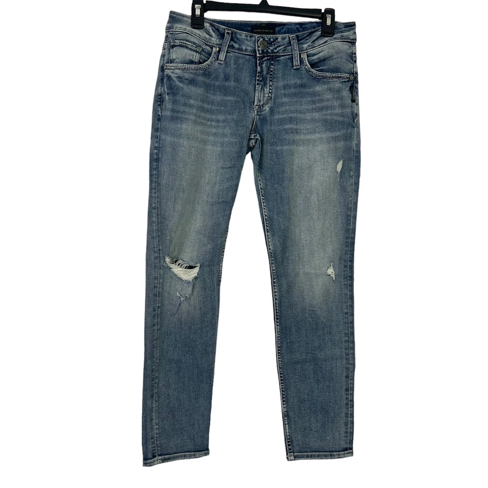 Pantalones de mezclilla para mujer PLATEADOS azul novio talla 7/8 lavado medio desgastados elásticos Foto 1 de 4