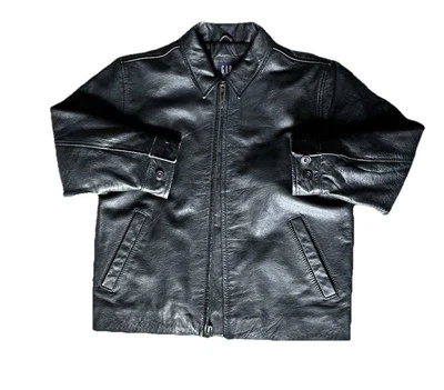 Vintage Gap Premium Leather Bomber Jacket Youth Size M Black Aviator Coat - Image 1 of 4