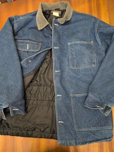 Duluth Trading L Quilt Lined Blue Jean Denim Chore Barn Jacket Coat Cord Collar  - Picture 1 of 18