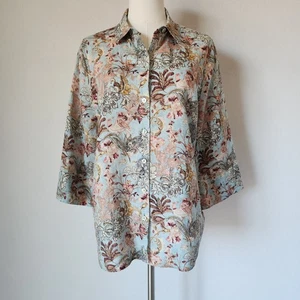 Chico's Non Iron Linen Bird Floral Button-Up Shirt 3/4 Sleeve Multicolor Sz.1/M - Picture 1 of 10