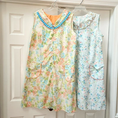 Abrigo de casa de vestir floral azul amarillo vintage Sears Mumu LRG 16-18 pareja esposa comercial Foto 1 de 4