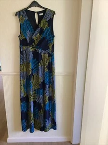 “Minuet Petite” Navy Multi Leaf Pattern Sleeveless V Neck Maxi Dress Size 16 - Picture 1 of 11