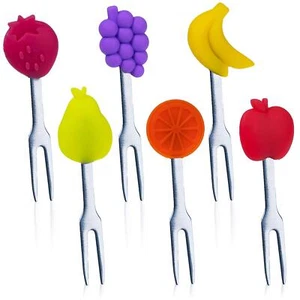 Cocktail Forks 6-Piece Appetizer Forks Fruit Shapes Stainless Steel and Silic... - Picture 1 of 7