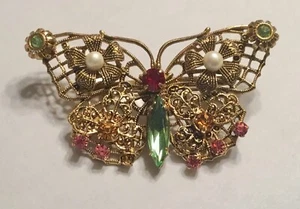 Vintage gold butterfly pin Szecko Slovakia stones & pearls - Picture 1 of 5
