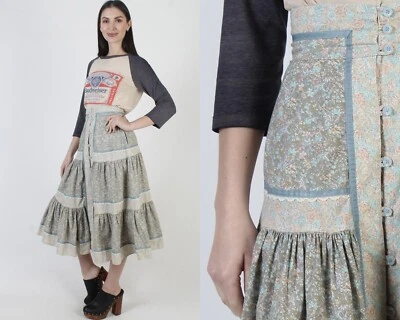 Винтажная юбка с птичьим принтом Gunne Sax на пуговицах Cottagecore Prairie Festival Midi 7 - Изображение 1 из 4