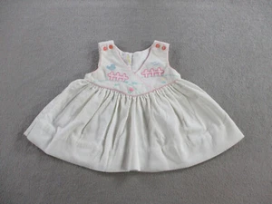 VINTAGE Baby Dress 12 Months Pink White Corduroy Bird Embroidered Summer 80s - Picture 1 of 9