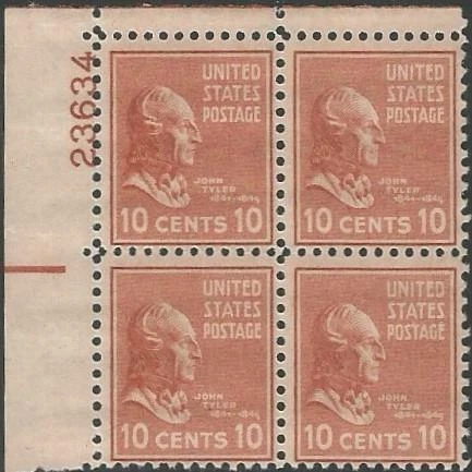 Plate Block of 4 stamps - Scott 815 - 10 cent - John Tyler - 1938 - MNH - Image 1 of 1