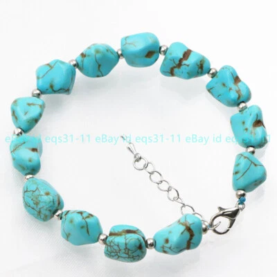  Natural 10-14mm Blue Irregular Turquoise Gemstone Beads Bracelet 7.5'' - Image 1 of 4