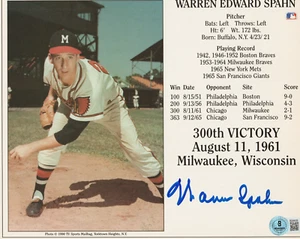 Warren Spahn Signed 300th Victory 8x10 Card Beckett COA BQ84939 - Picture 1 of 3