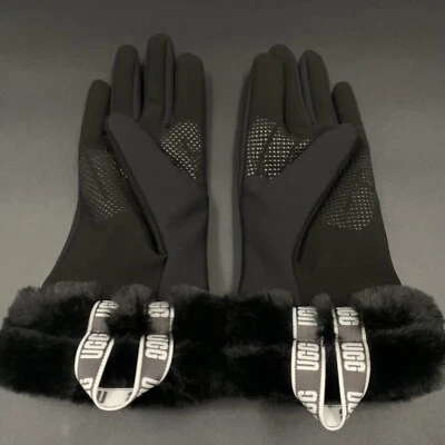UGG STRETCH FAUX FUR GLOVE WOMENS S/M CONDUCTIVE LOGO GRIP FUR CUFF  ~ BLACK - Image 1 of 4