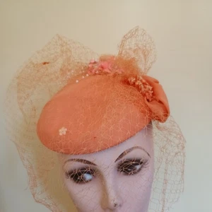 Vintage Renommee Peach Fascinator Hat With Flowers And Netting  - Picture 1 of 9