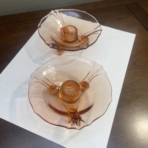 VINTAGE PINK FOSTORIA DEPRESSION GLASS CANDLESTICK HOLDERS, TRI-FOOTED set of 2 - Picture 1 of 12