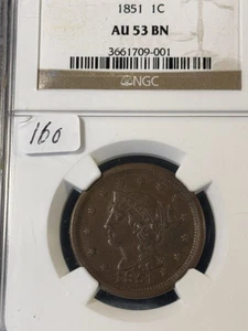 1851 Large Cent AU 53. Very Nice For The Grade! - Picture 1 of 2