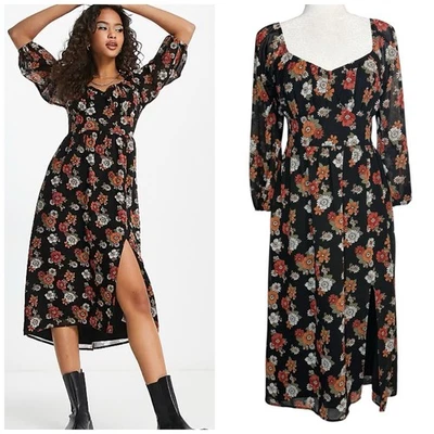 Vestido Hollister Para Mujer Mediano Floral Manga Larga Abullonada Abertura Midi Gasa Retro Foto 1 de 4