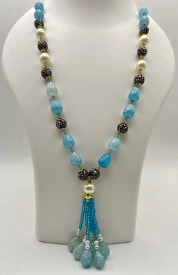 Collar con cuentas de perlas de ágata azul cristal negro espaciador borla colgante declaración Foto 1 de 4