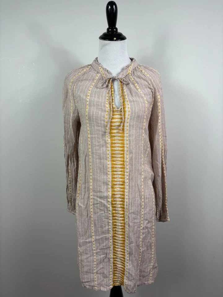 Vestido Lucky Brand S Beige Marrón Rayas Hilo Teñido Campesino Corbata Cuello Manga Larga Foto 1 de 4