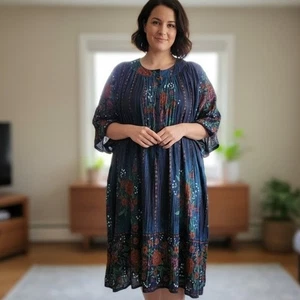 Sheer Kaftan Dress Womens Large Fairy Whimsigoth Fairycore Flowy Cotton Floral - Picture 1 of 15