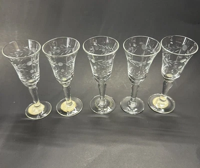 Wales Cordial Glasses Set of 5 Etched Flower Design Vintage Japan Glass - Image 1 of 2