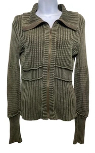 DKNY Jeans Sweater Womens Small Olive Green Full Zip Ribbed Knit Jacket Y2K - Picture 1 of 11