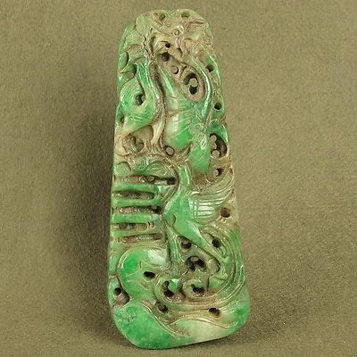 雕刻龙凤凰 5.1 英寸中国绿色翡翠古董玉饰吊坠 — 第 1/4 张图片