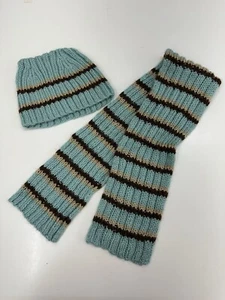 Handmade Childrens Winter Hat and Scarf Set Blue Brown Striped Knit - Picture 1 of 7