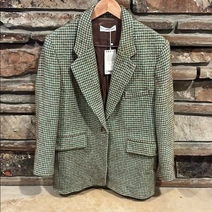 MNG Tweed Houndstooth Brown and Blue Cotton Wool Blend Blazer Academia - Picture 1 of 10