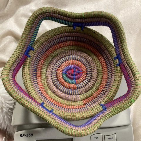 Beautiful Boho Vintage Hand Woven Natural Grass Multi-Colored Basket Bowl 8”wide Cover
