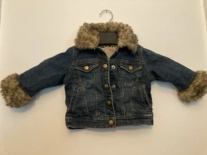 Children's Place Baby Girl 12 Months Blue Jean Denim Jacket Faux Fur Trim - Picture 1 of 3