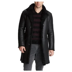 Herren RAF Trenchcoat schwarz Lammfell Lammfell Echtleder Jacke - Bild 1 von 3