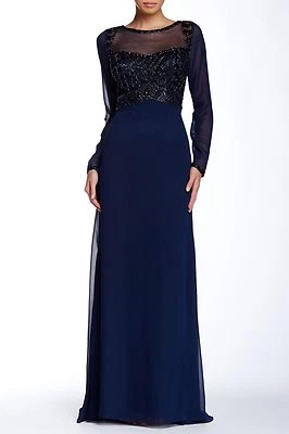 Sue Wong N5310 Style Beaded Illusion Bateau Gown, Navy, Size 4 - Image 1 of 2
